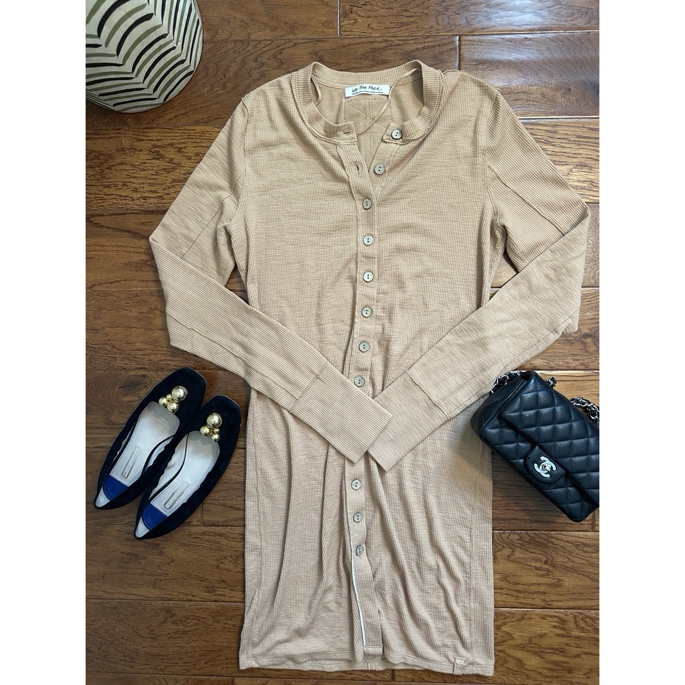 We The Free Free People Womens Medium Tan Ribbed Henley Button Long Sleeve Dress